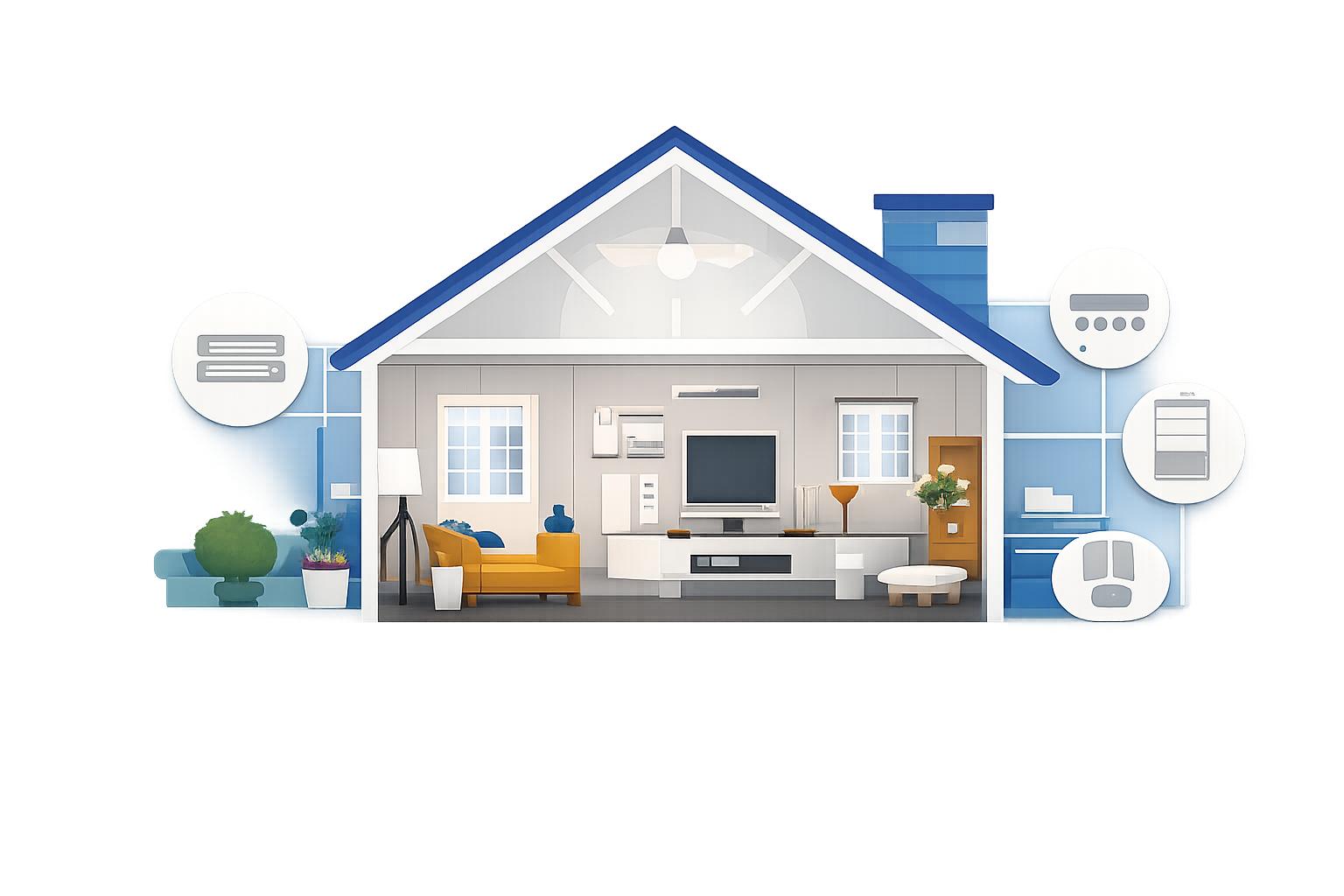 Smart home automation illustration showing connected lighting, smart locks, sensors, and security systems powered by Matter, Zigbee, Thread, and Wi-Fi.