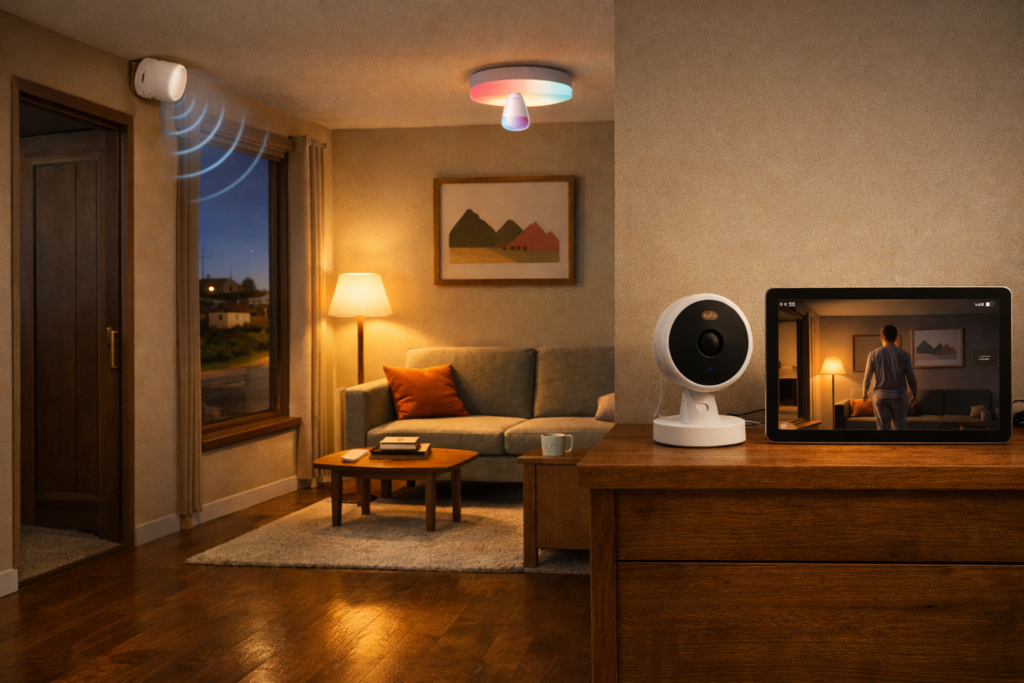 Smart home automation setup with motion sensor, smart lighting, indoor security camera, and tablet monitoring system in a modern living room.