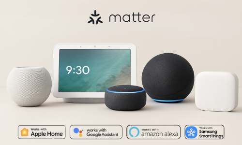 “Matter-enabled smart apartment ecosystem featuring Apple HomePod mini, Google Home devices, Amazon Echo and a compact hub for smart home automation with Matter protocol